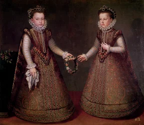 Die Infantinnen Isabella Clara Eugenia (1566-1633), Statthalterin der Niederlande und Catalina Micaela (1567-97), Herzogin von Savoyen, 1575
